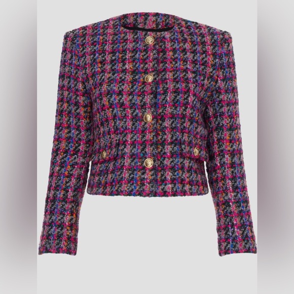 NEW SANDRO Cropped  wool blend bouclé-tweed jacket - Black/Fuschia FR 38 - Picture 1 of 16